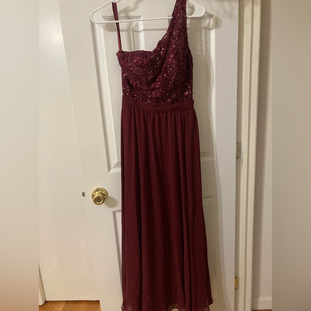 One shoulder beaded Maroon dress with pockets